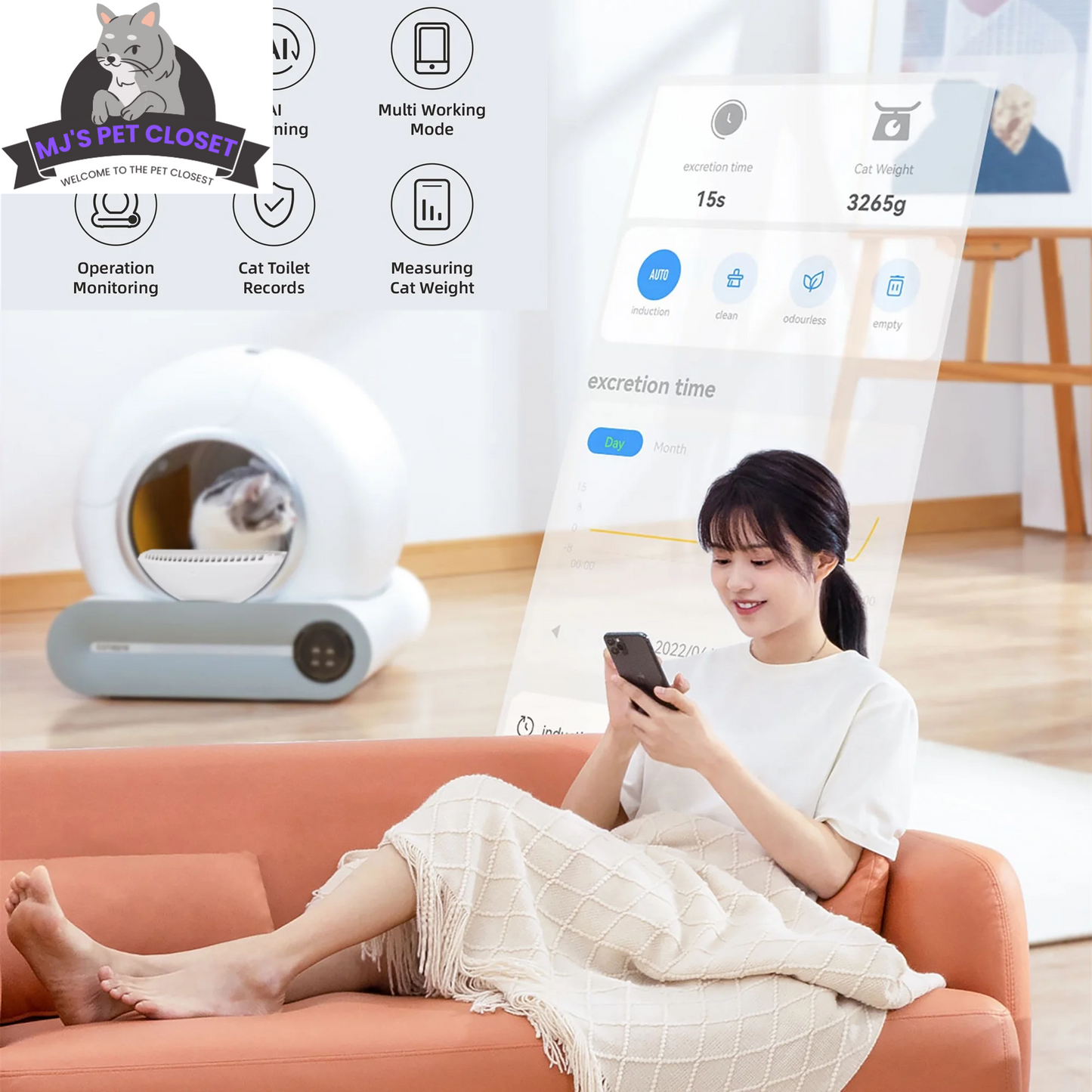 Woman using a smartphone on an orange couch with a pet product and user interface overlay.