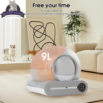 Pet waste bag dispenser with cats in a living room setting, featuring text 'Free your time' and '9L Huge Capacity'.