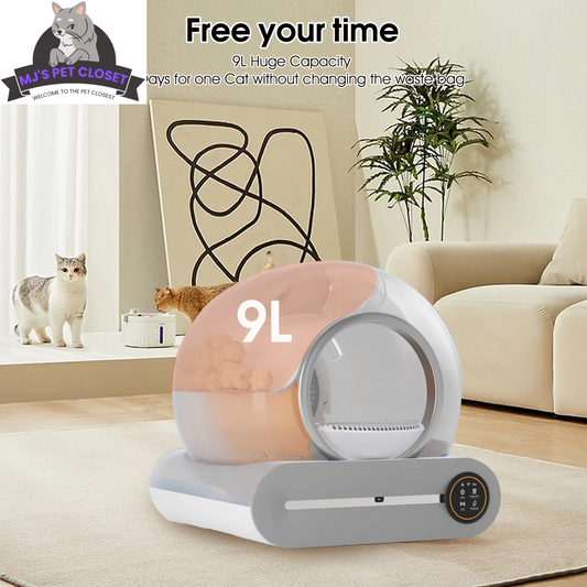 Pet waste bag dispenser with cats in a living room setting, featuring text 'Free your time' and '9L Huge Capacity'.