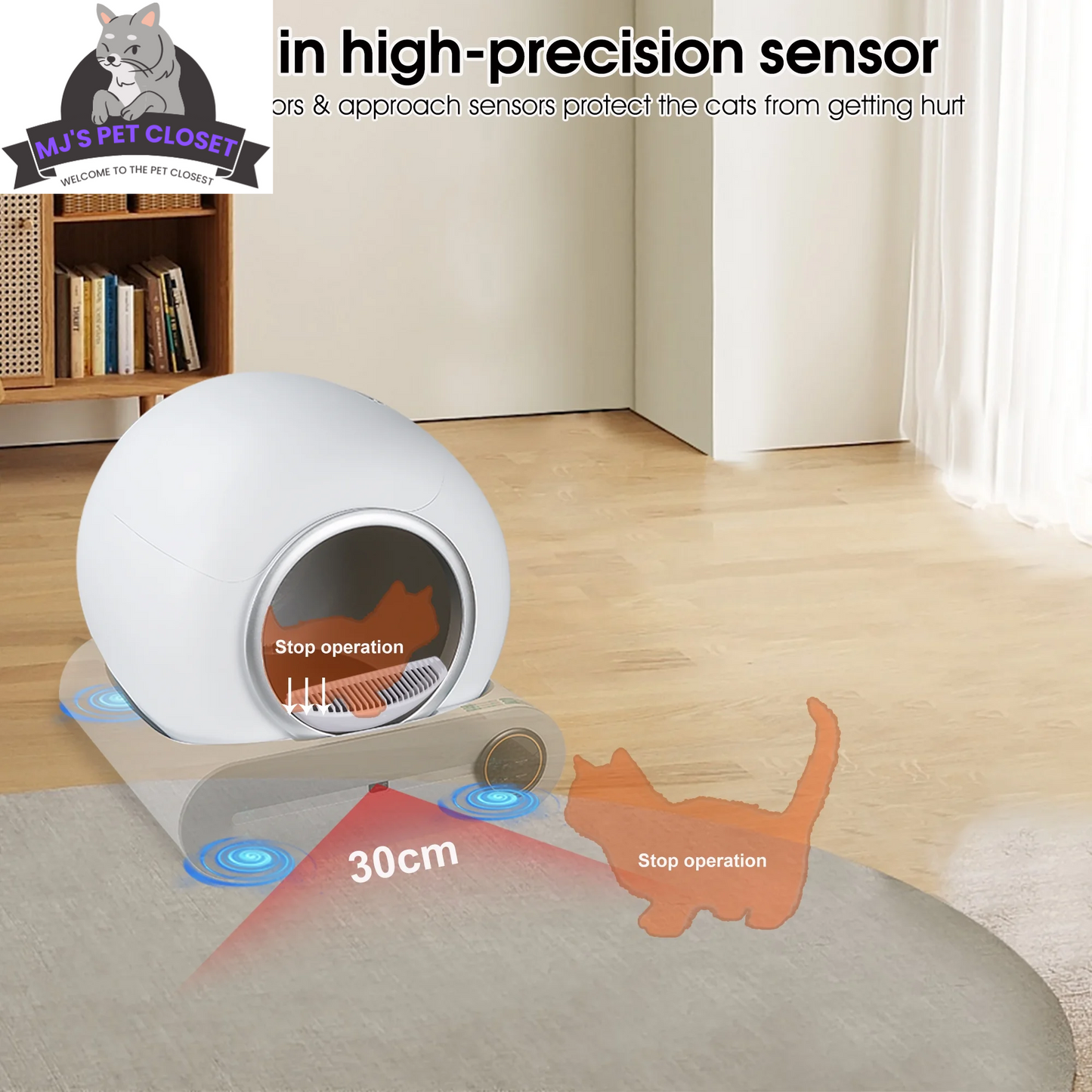 Pet safety device with high-precision sensor in a room setting, featuring 'M's Pet Closet' branding.