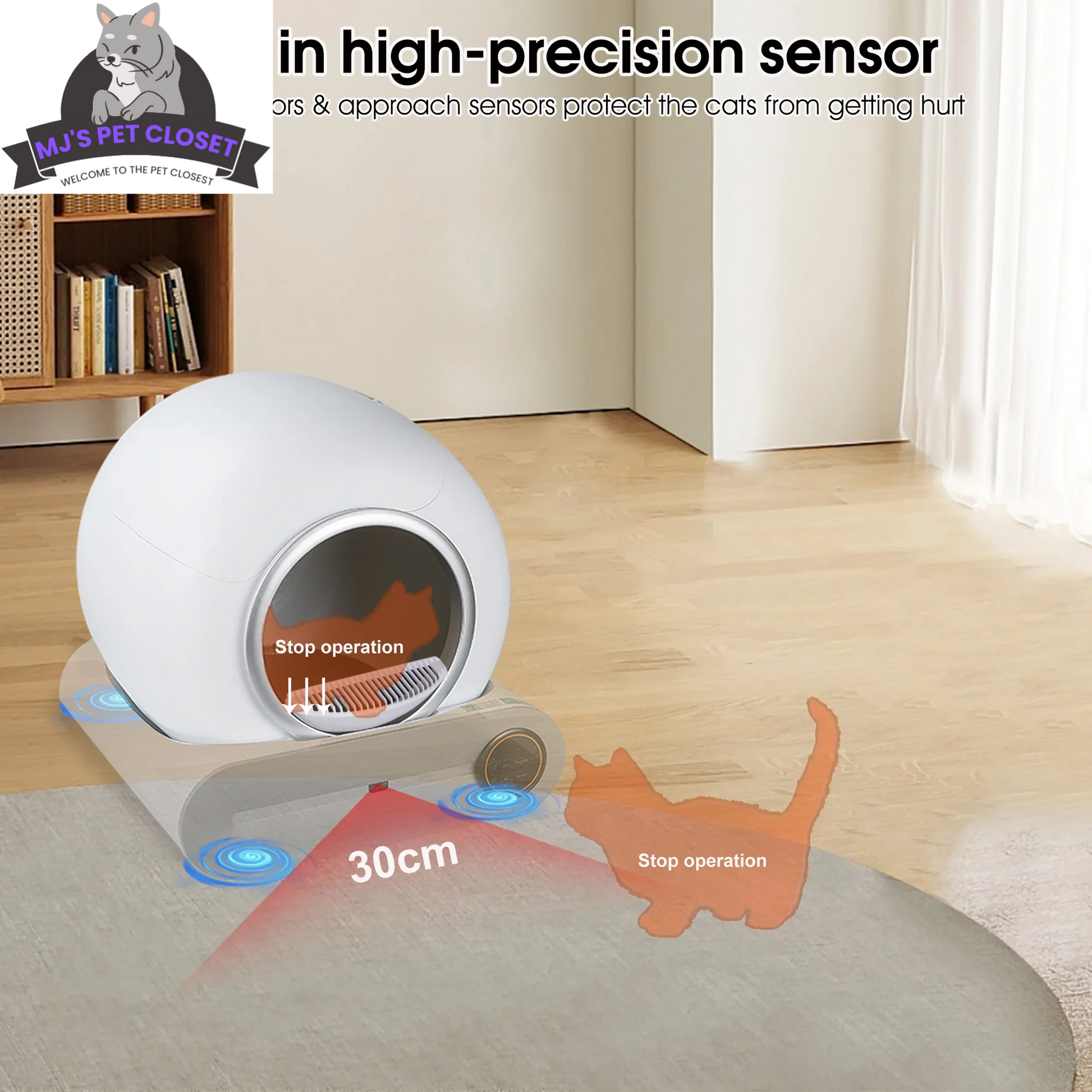 Pet safety device with high-precision sensor in a room setting, featuring 'M's Pet Closet' branding.
