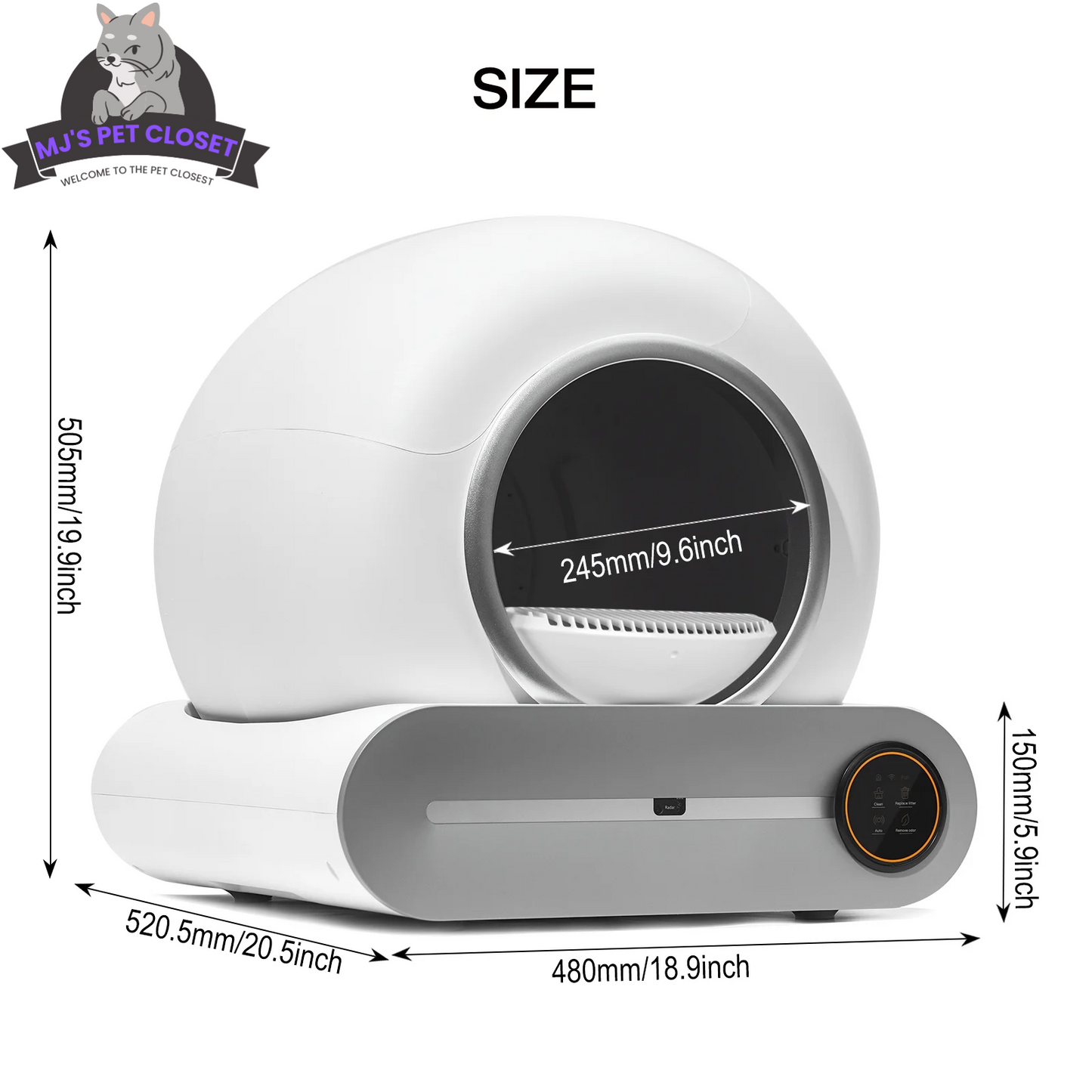 Measurement chart of a pet product with dimensions labeled, featuring the M's Pet Closet logo.