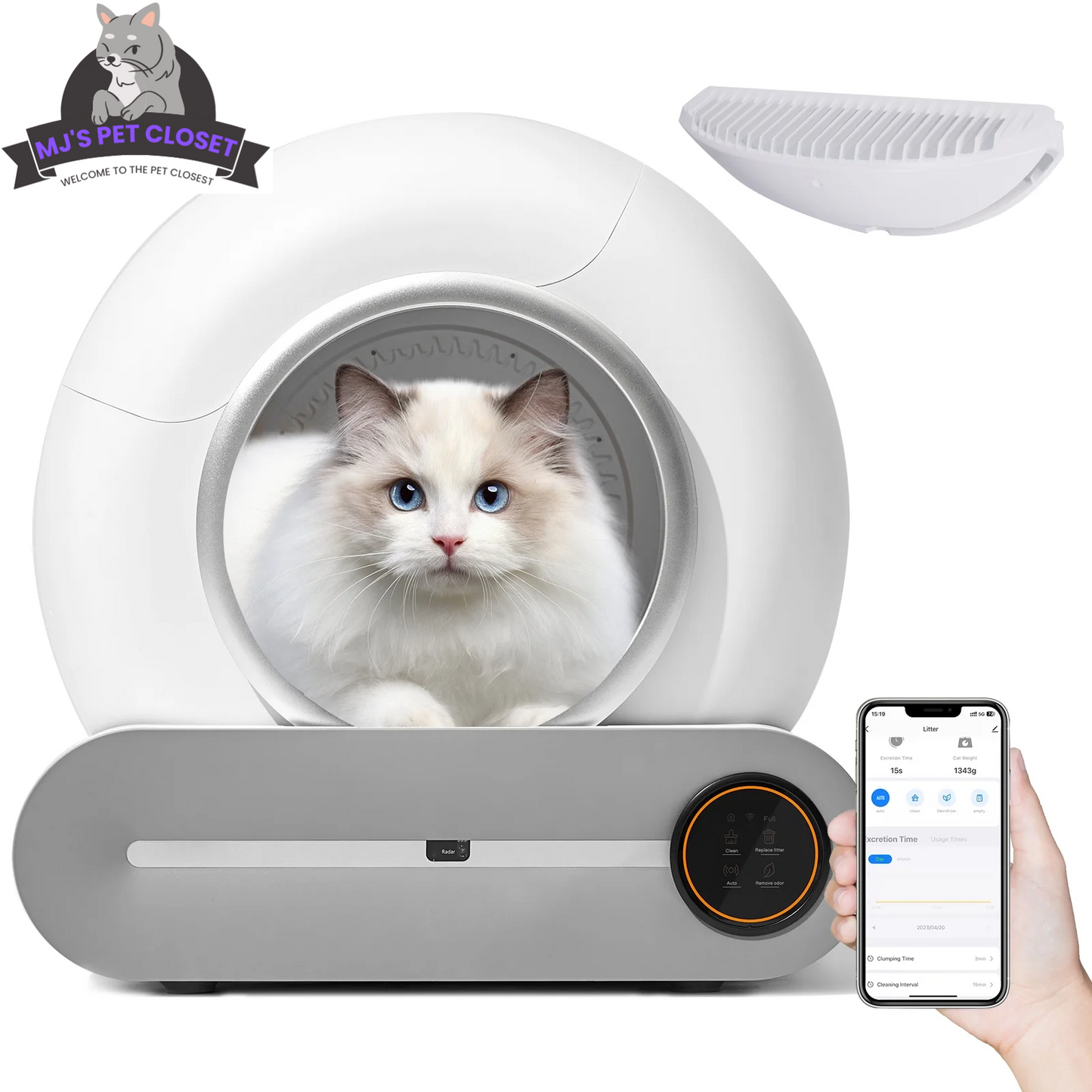 Pet product with a cat inside, smartphone app, and brand logo at the top left corner.