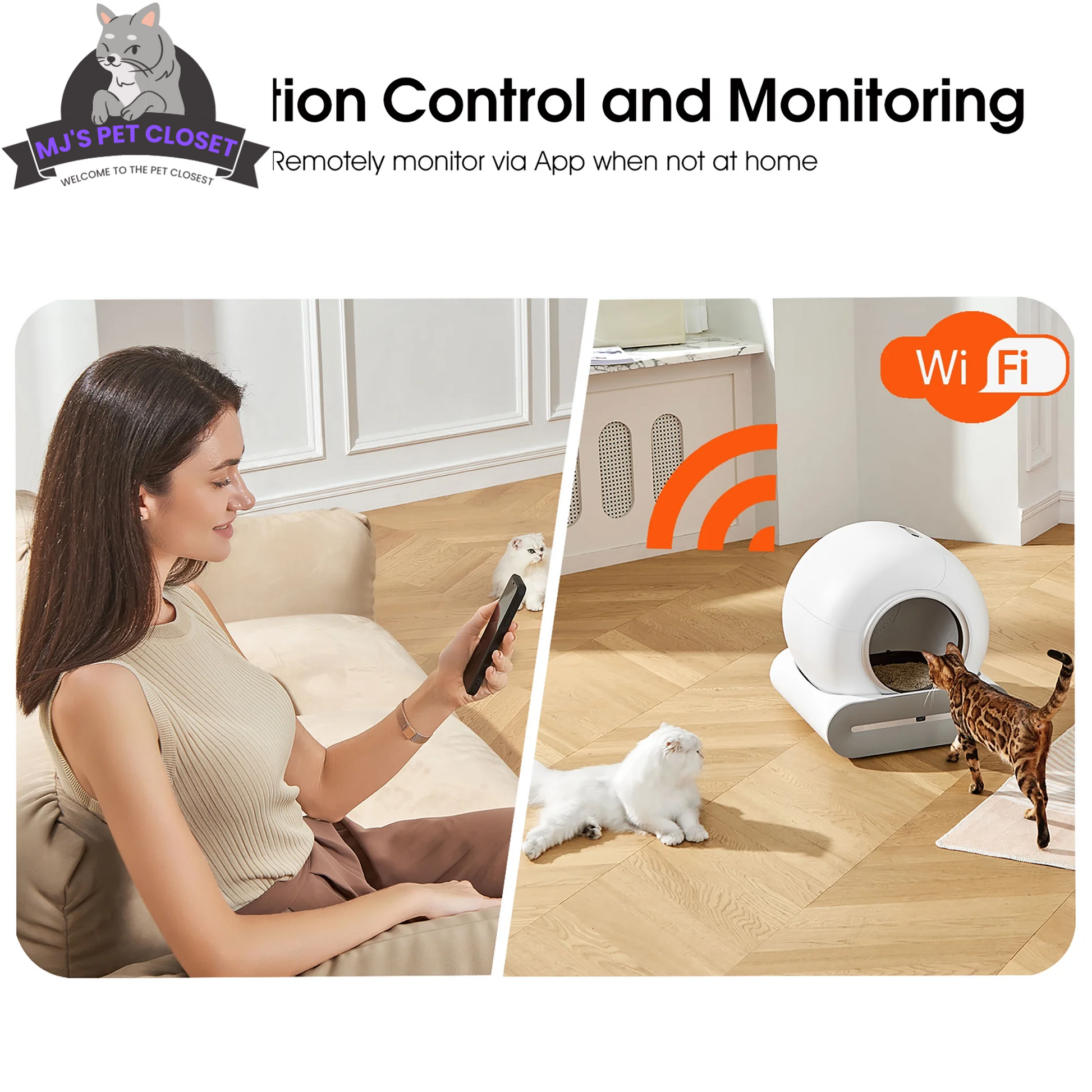 Woman using a smartphone app to monitor a smart pet litter box with a cat inside.