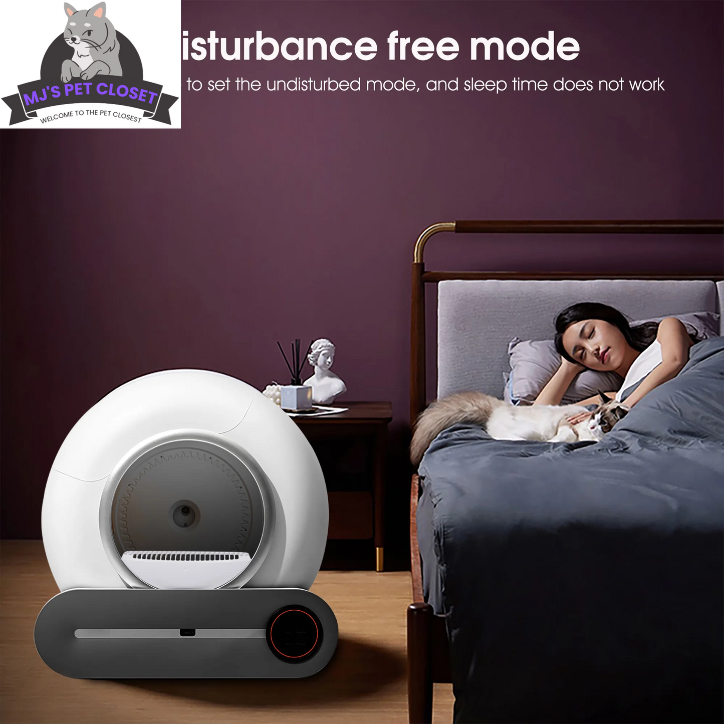Woman lying on a bed with a cat, next to a white and gray machine labeled 'M's Pet Closet', with text about 'disturbance free mode'.