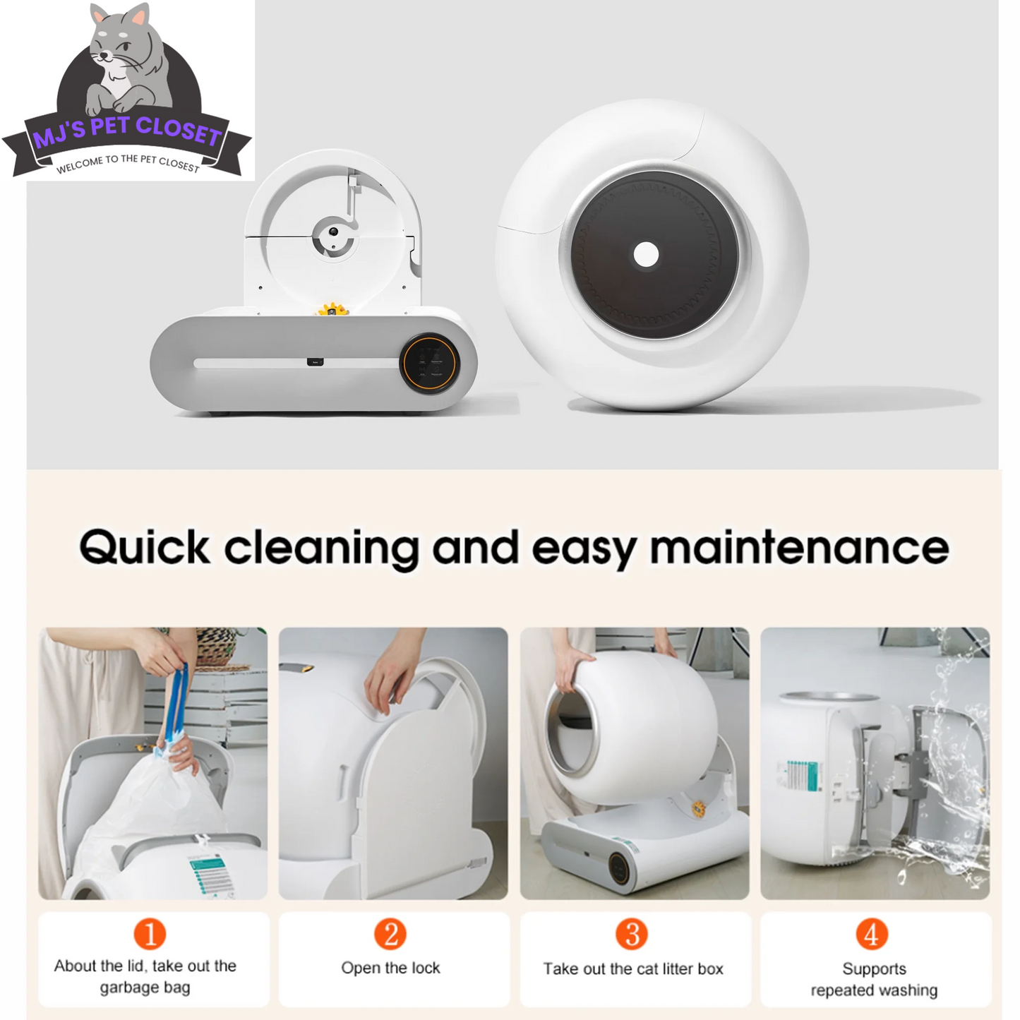 Cat litter box with cleaning instructions and features on a white background