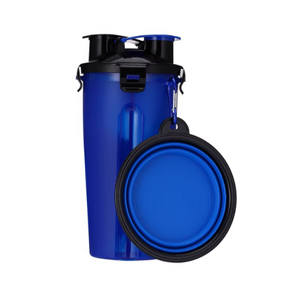 Blue water bottle with a detachable, collapsible cup on a white background