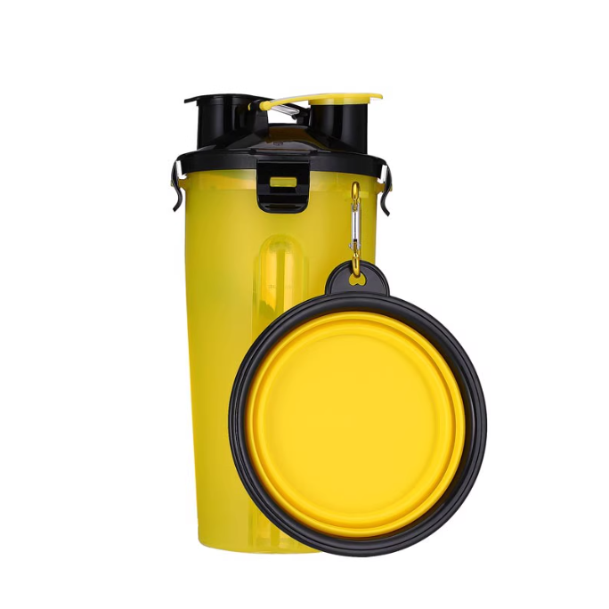 Yellow water bottle with black cap and carabiner on a white background
