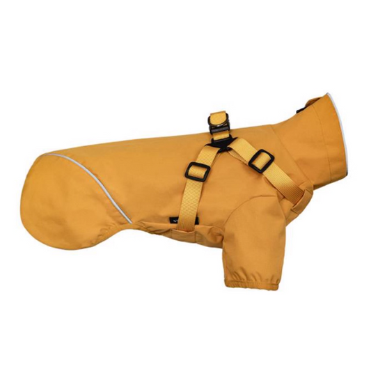 Yellow dog coat with harness on a white background