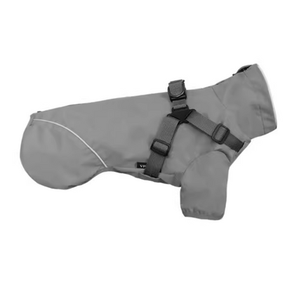 Gray dog coat with black straps on a white background