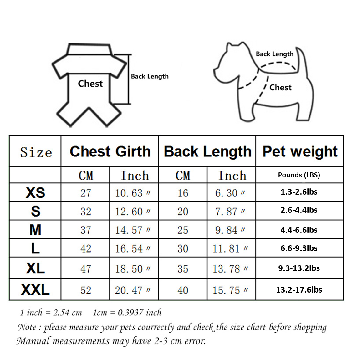 Size chart for pet clothing with measurements and weight guidelines.