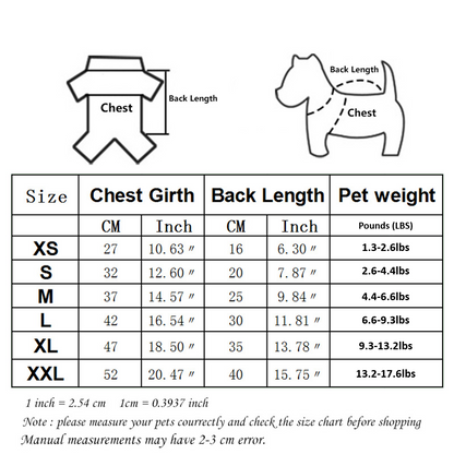 Size chart for pet clothing with measurements and weight guidelines.