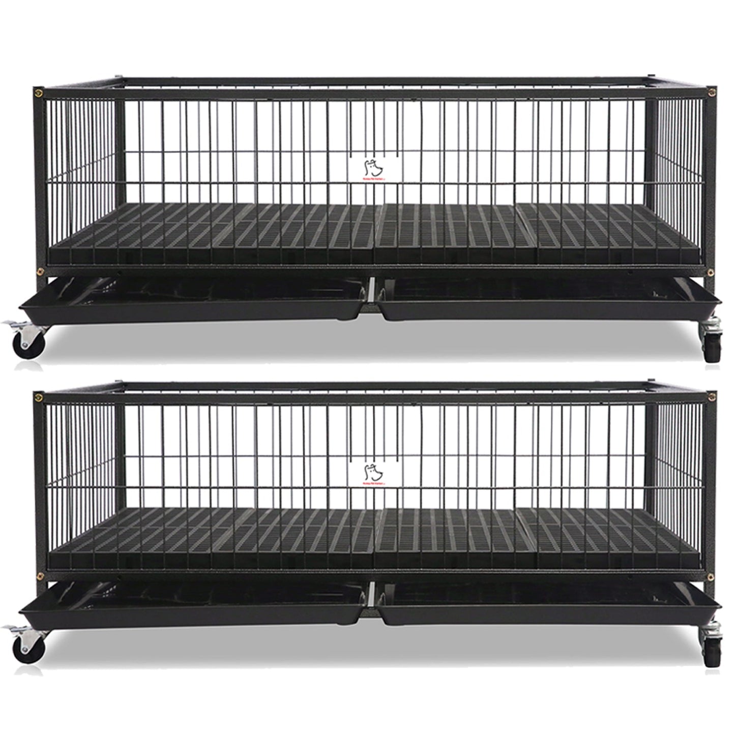 Two black metal pet cages on wheels with a white background