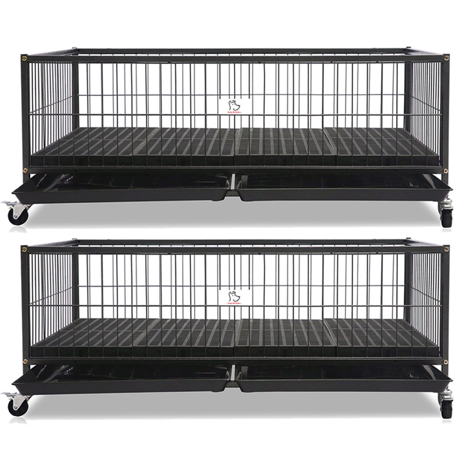Two black metal pet cages on wheels with a white background