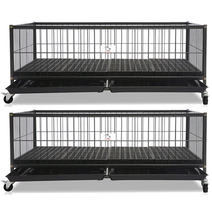 Two black metal pet cages on wheels with a white background
