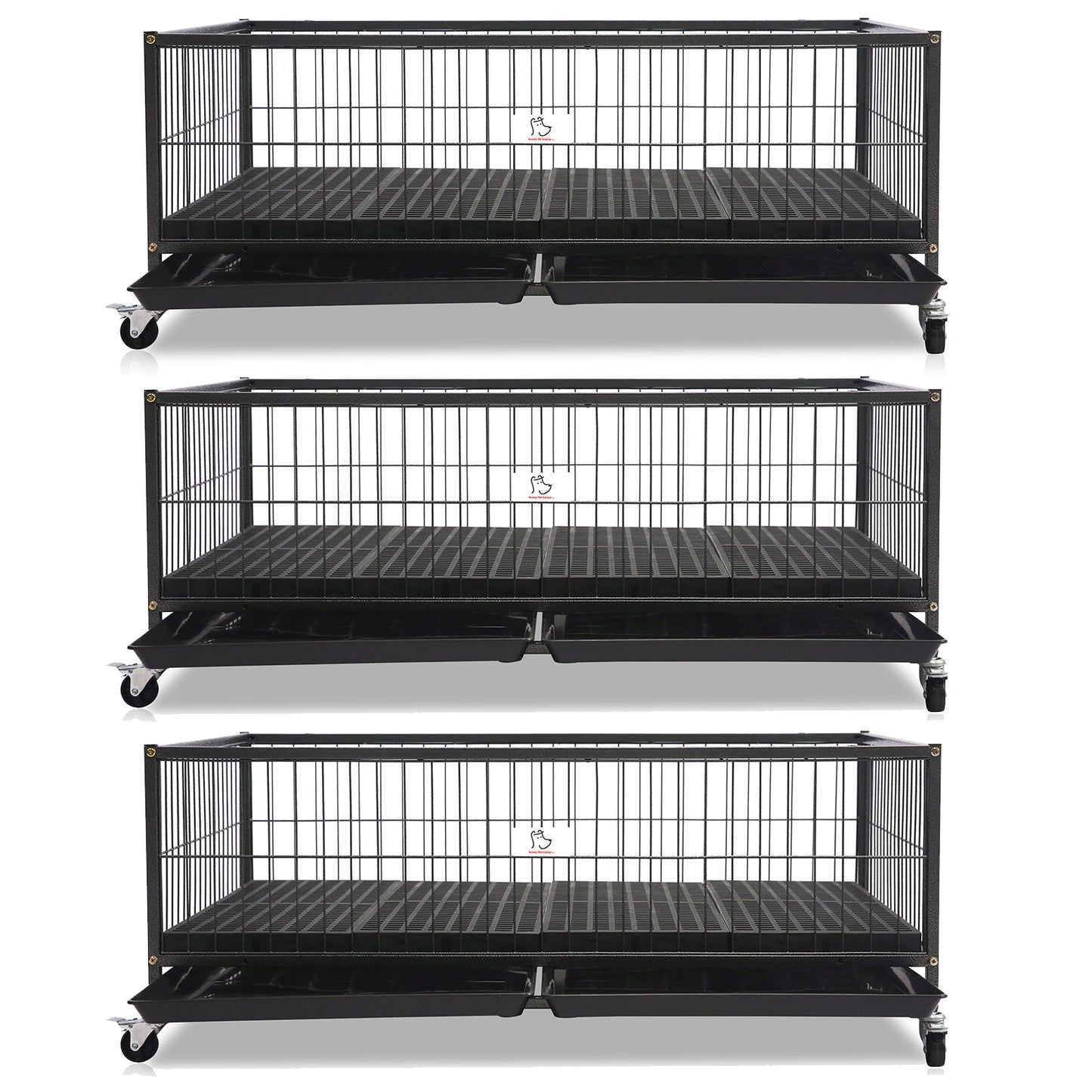 Three-tiered black metal pet cage on a white background