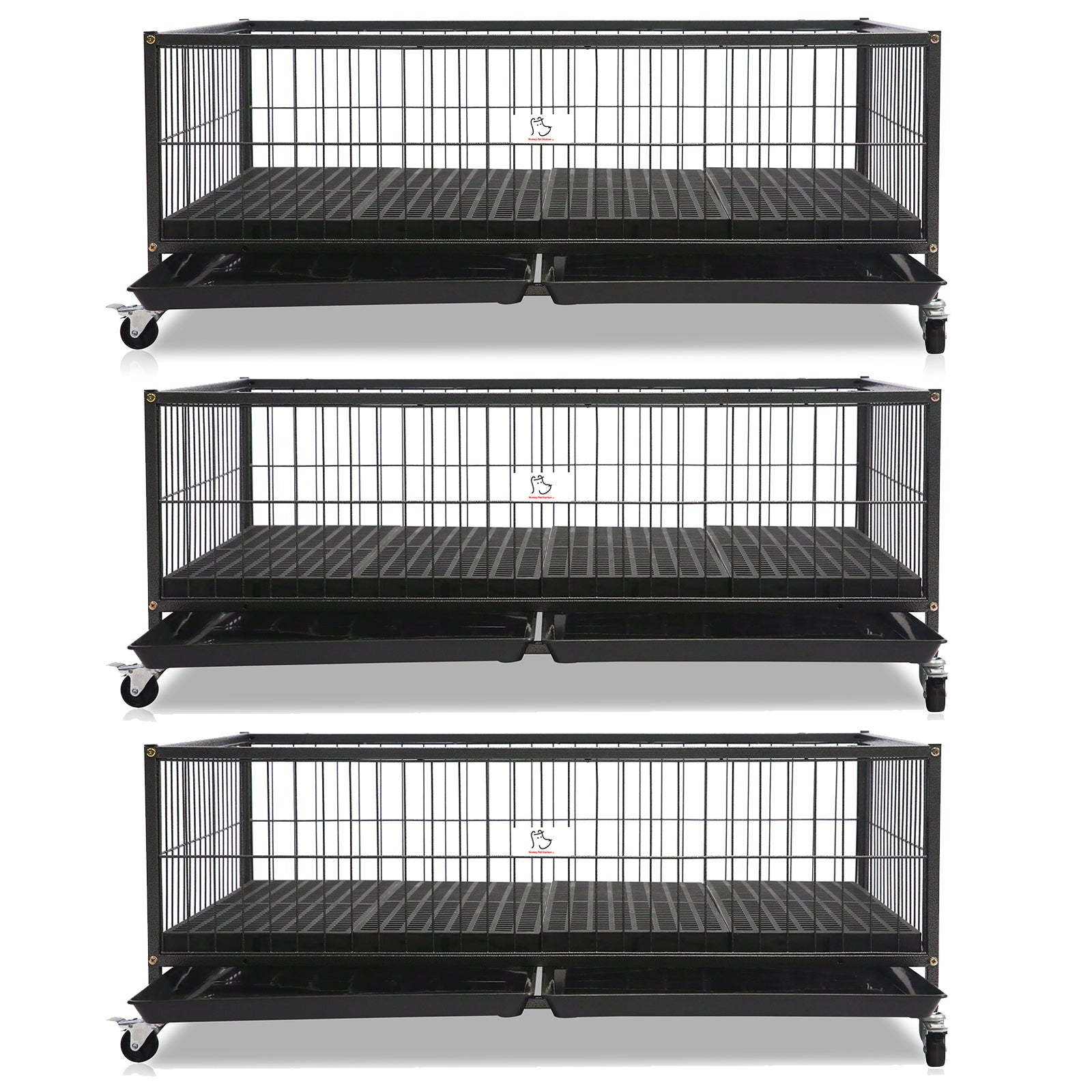 Three-tiered black metal pet cage on a white background