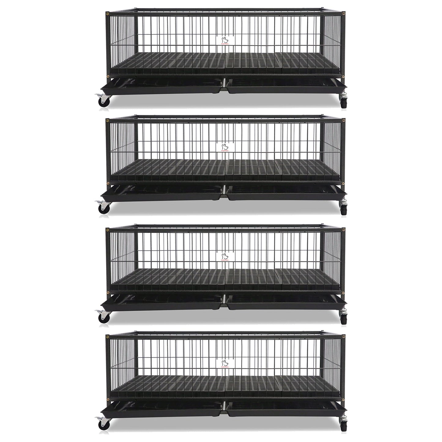 Set of five black metal pet crates on a white background