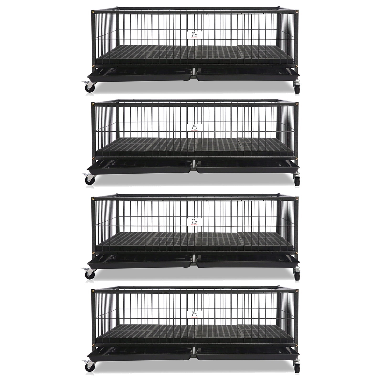 Set of five black metal pet crates on a white background