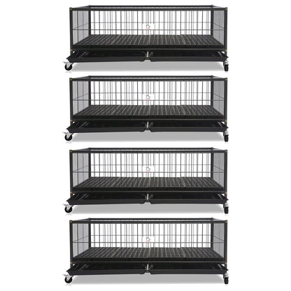 Set of five black metal pet crates on a white background