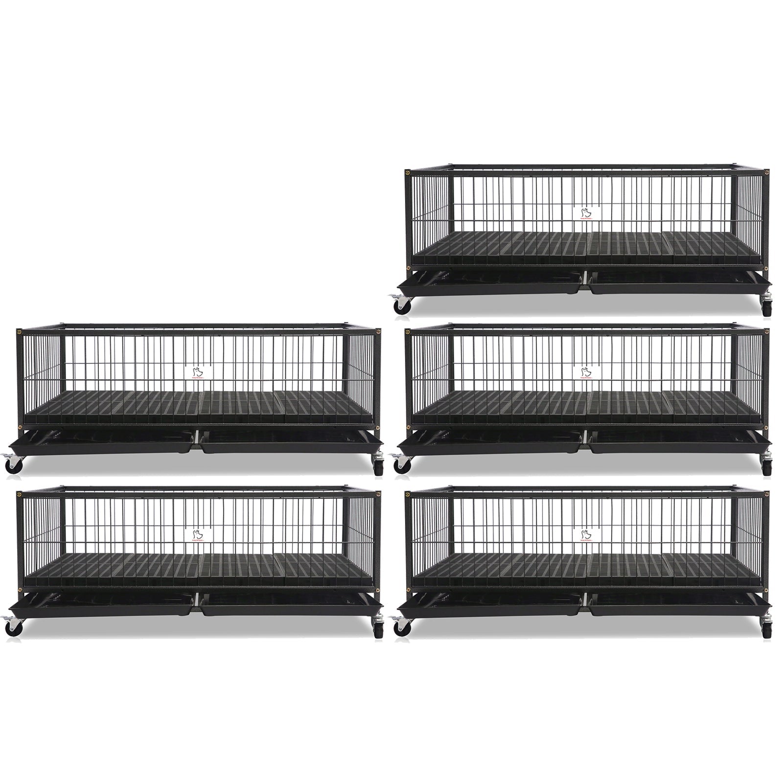 Set of six black metal pet crates on a white background