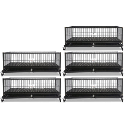 Set of six black metal pet crates on a white background
