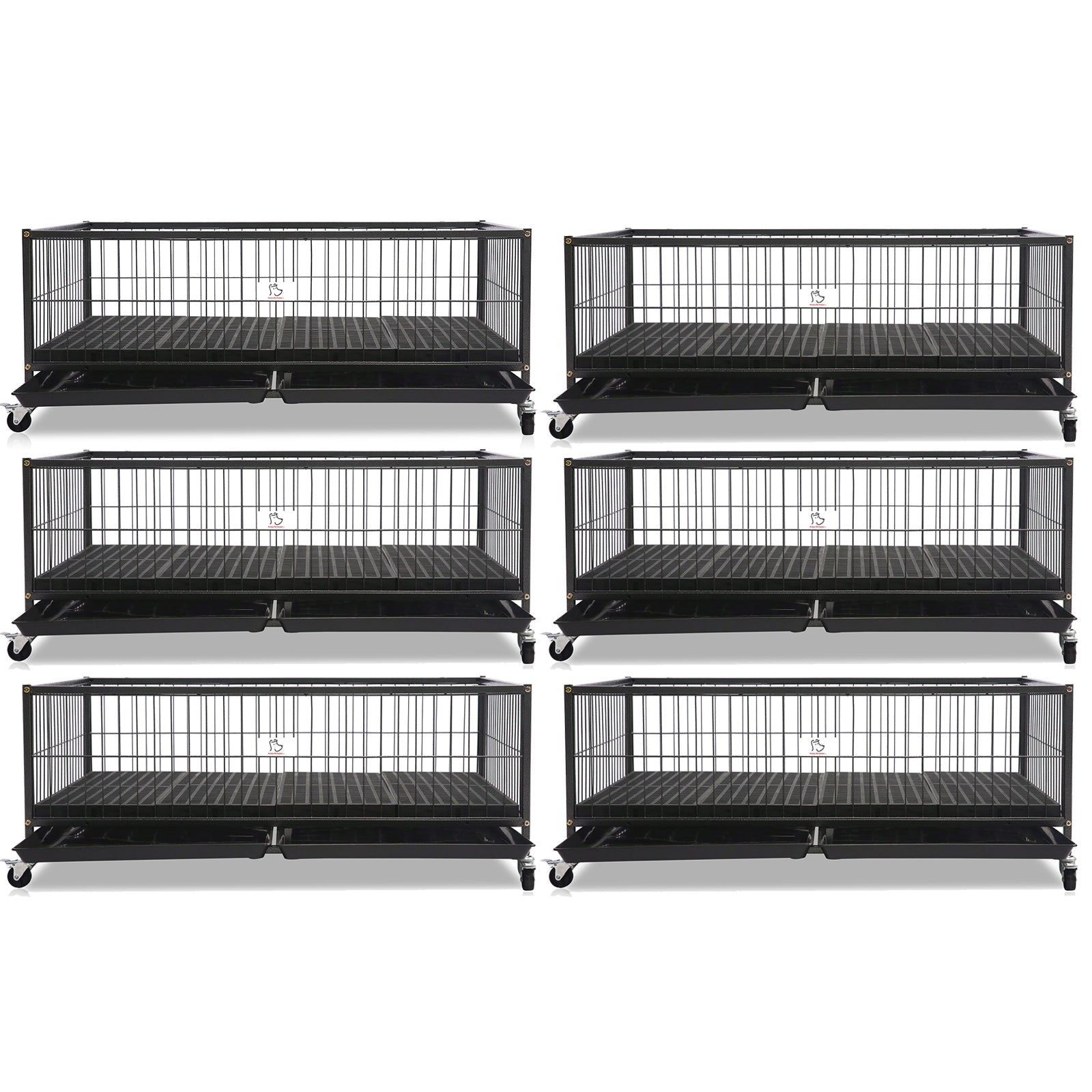 Set of six black metal pet crates on a white background
