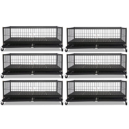 Set of six black metal pet crates on a white background