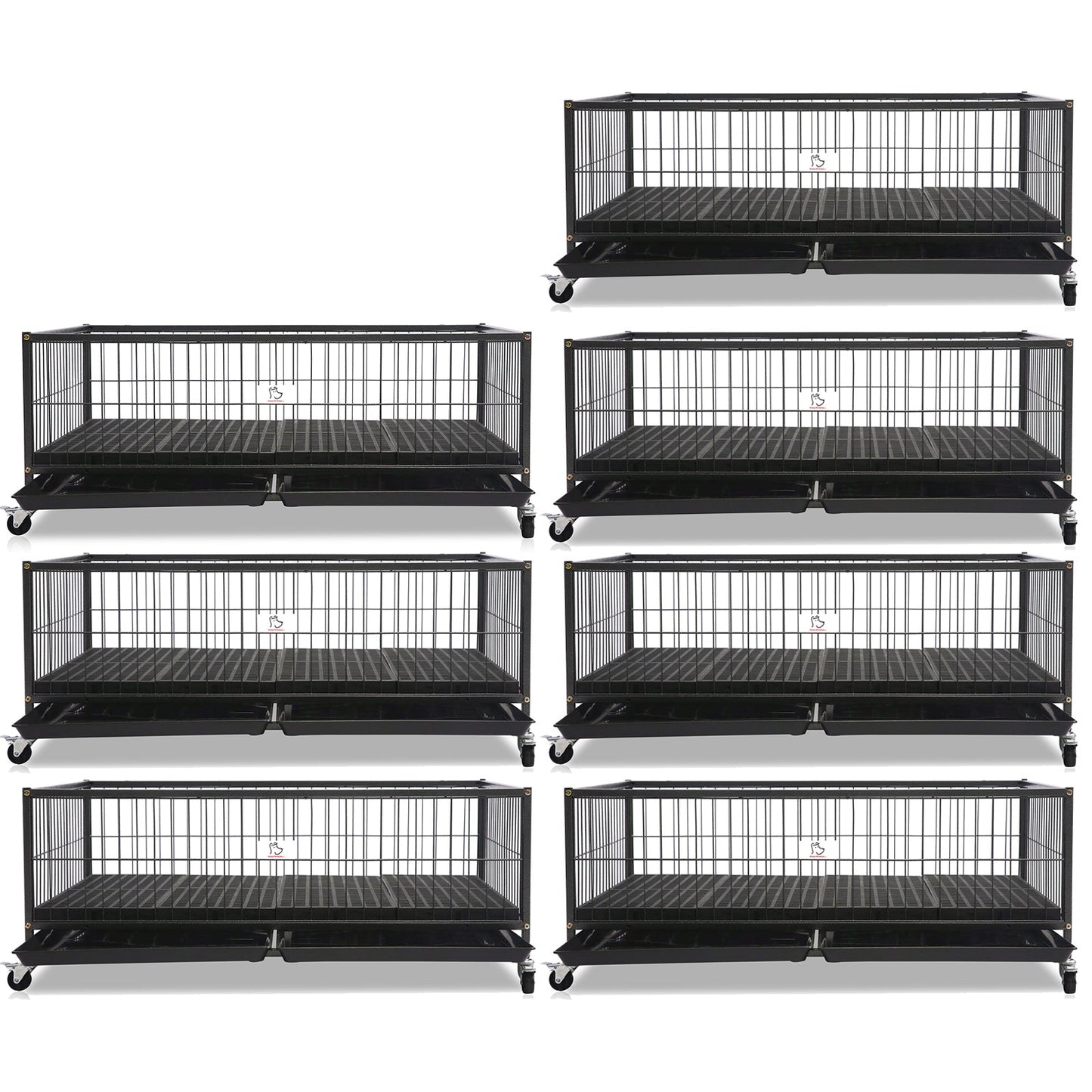 Set of eight black metal pet crates on a white background