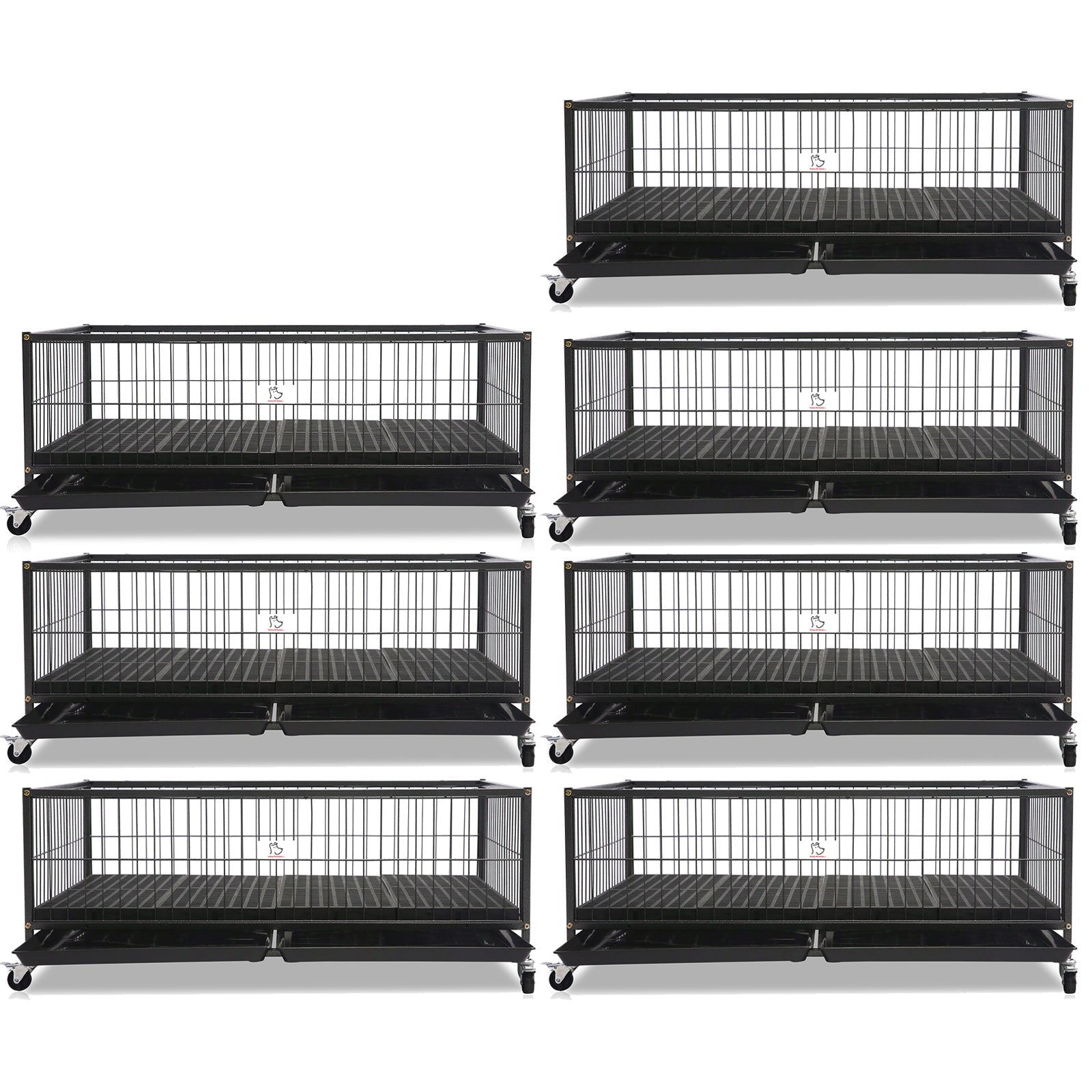 Set of eight black metal pet crates on a white background
