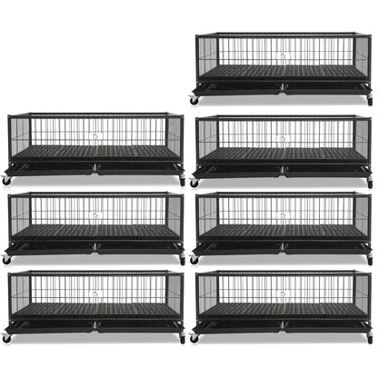 Set of eight black metal pet crates on a white background