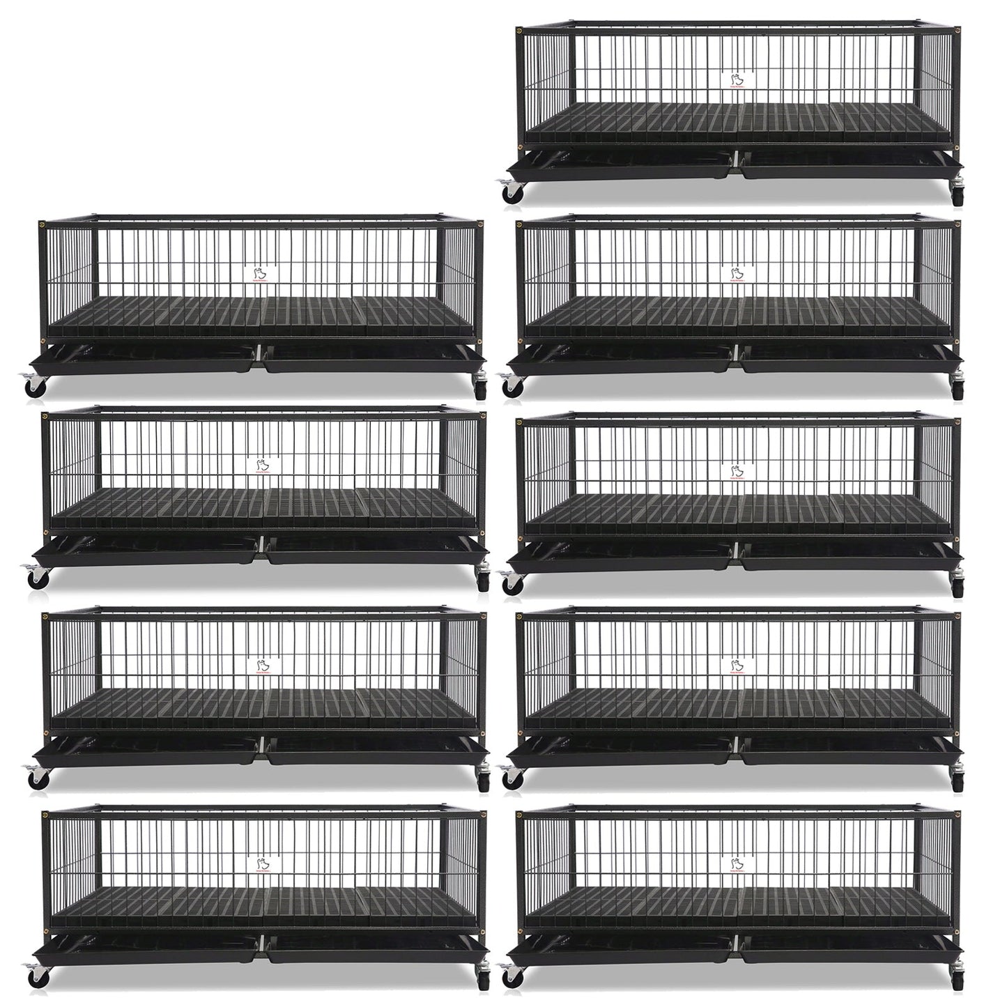 Set of black wire pet crates arranged in a grid on a white background