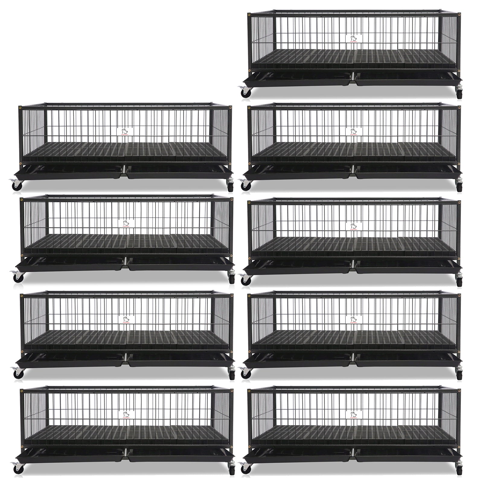 Set of black wire pet crates arranged in a grid on a white background