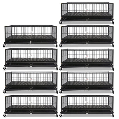 Set of black wire pet crates arranged in a grid on a white background