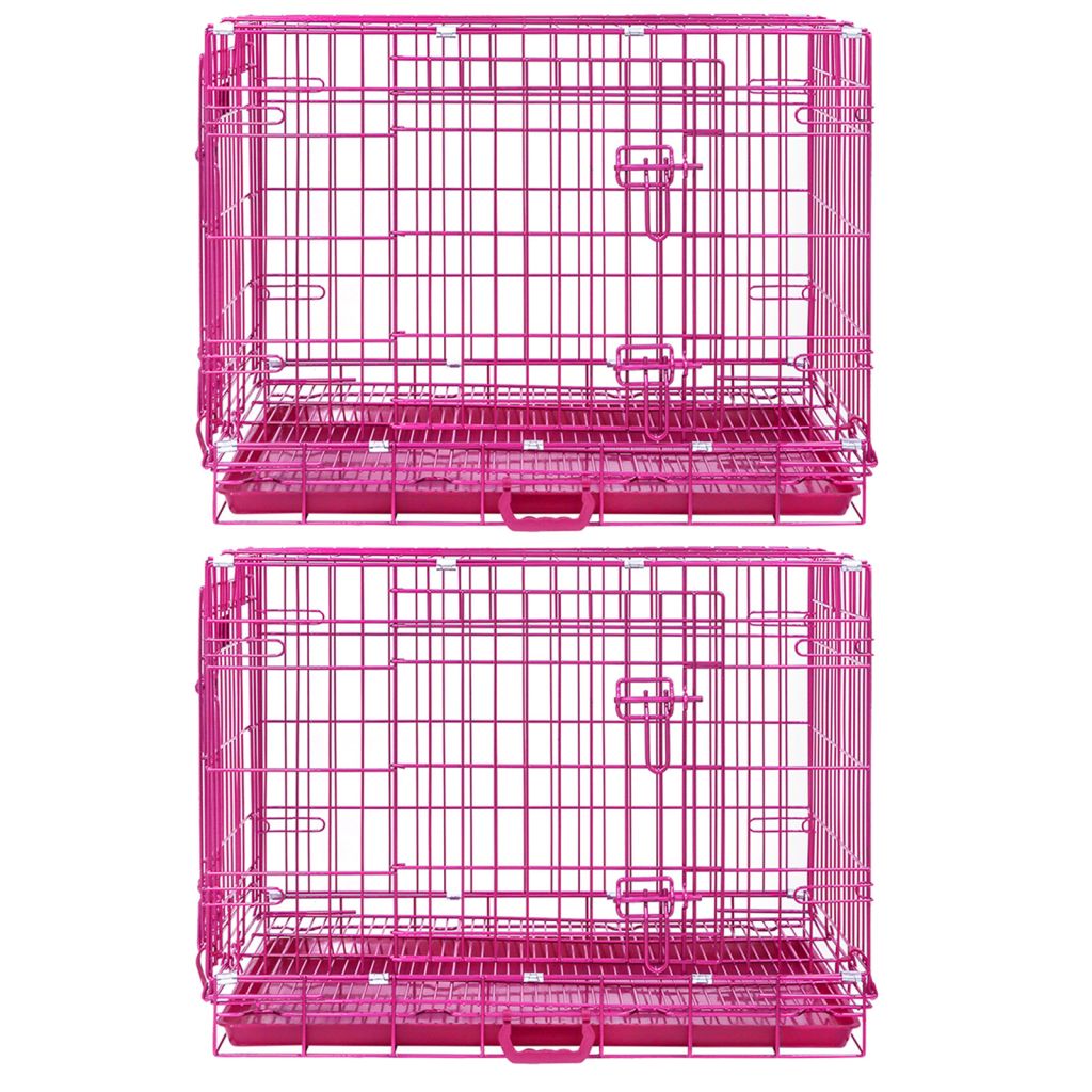 Two pink pet crates stacked on a white background