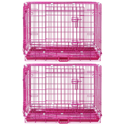 Two pink pet crates stacked on a white background