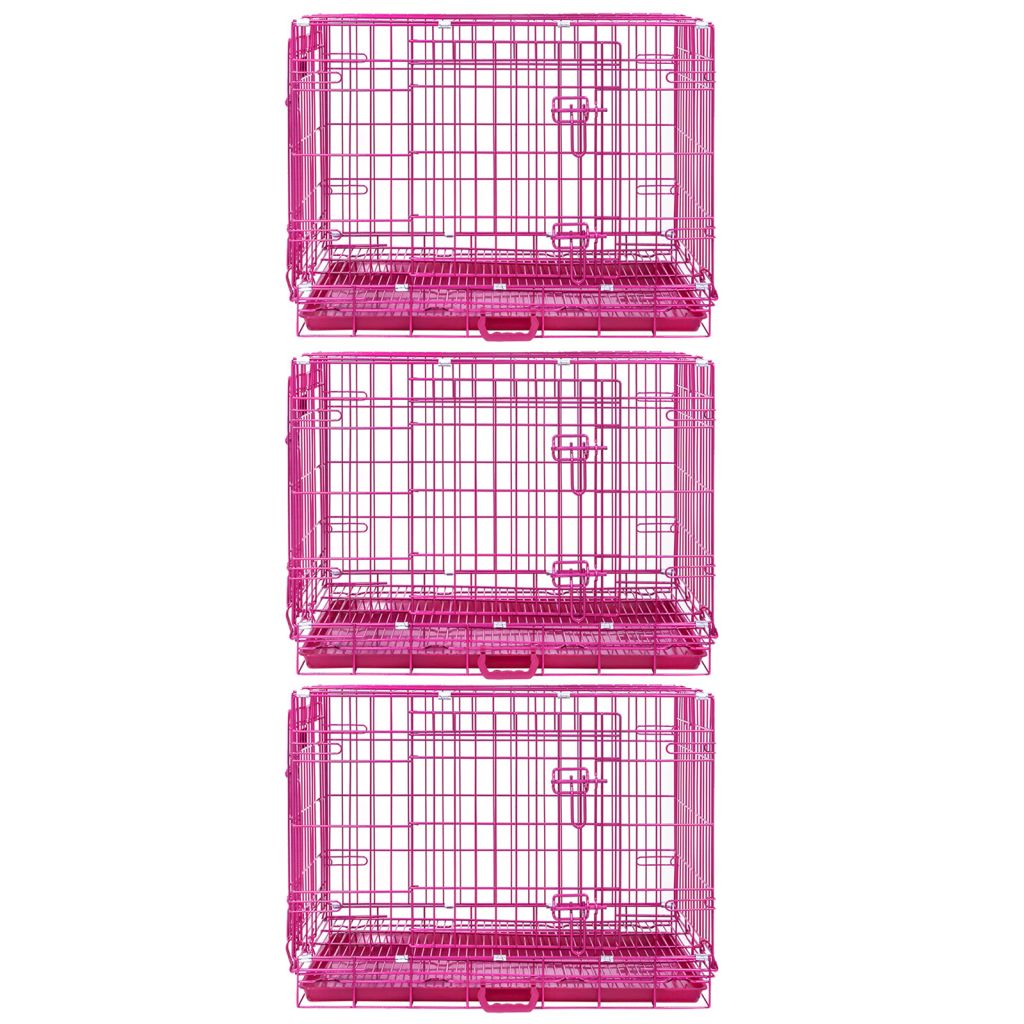 Set of three pink pet crates on a white background