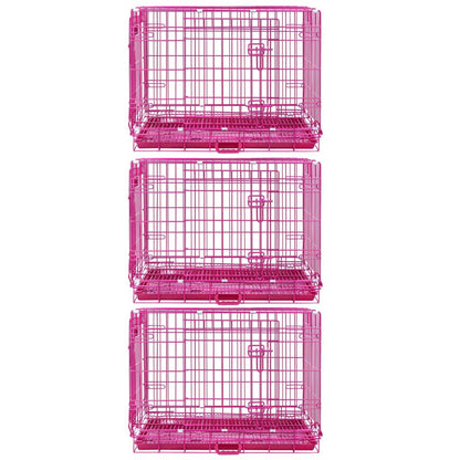 Set of three pink pet crates on a white background