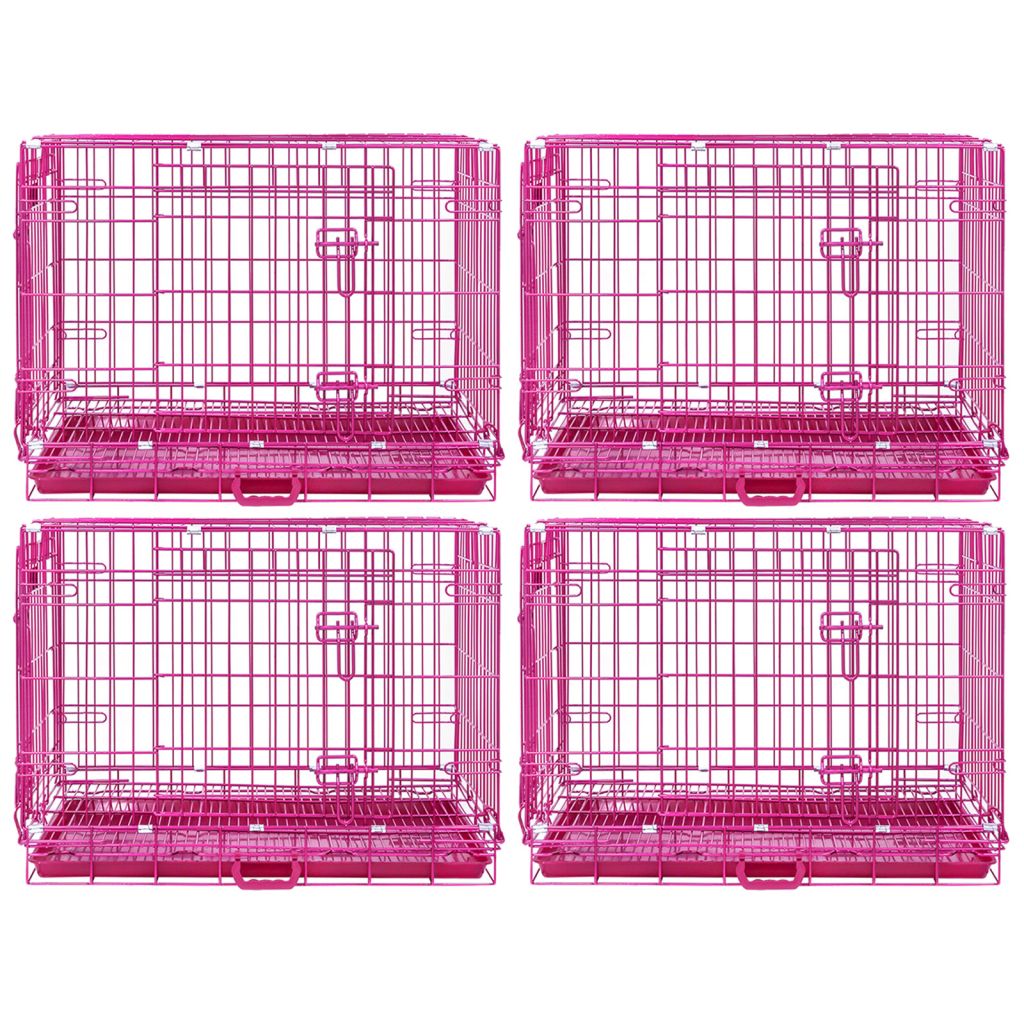 Four pink pet crates on a white background