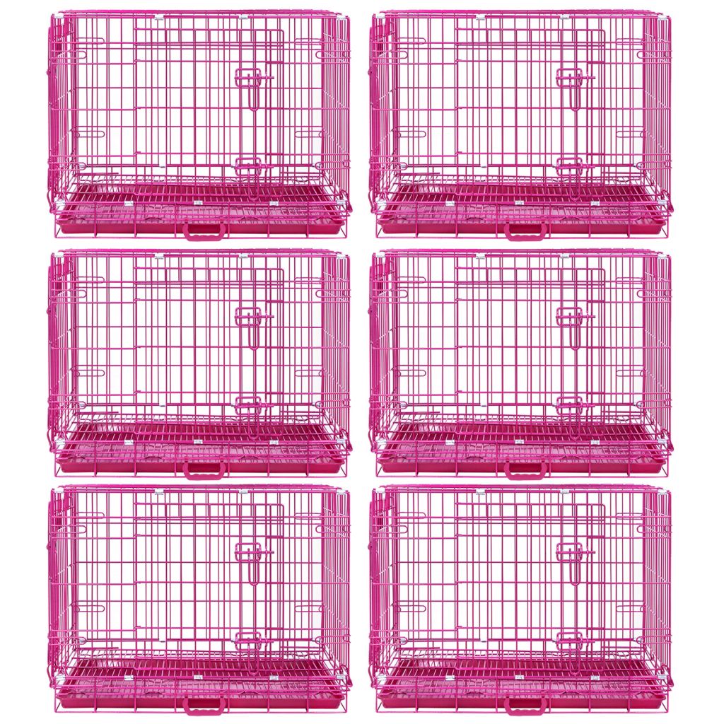 Six pink wire crates stacked in two rows on a white background