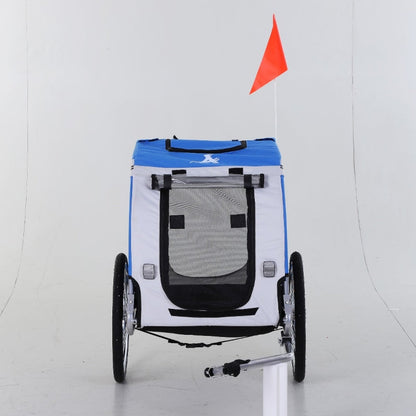 Blue and white pet stroller with a red flag on a white background