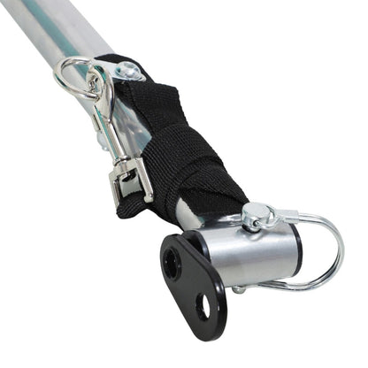 Metal rod with black strap and silver clamps on a white background