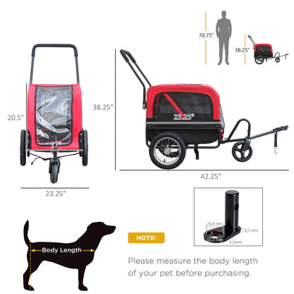 Red pet stroller with dimensions and measurements on a white background