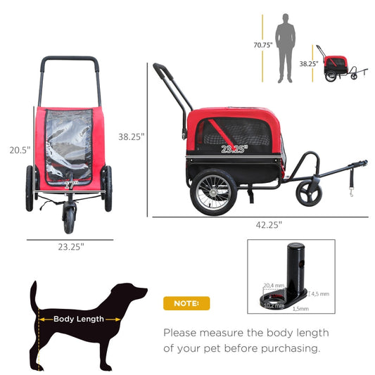 Red pet stroller with dimensions and measurements on a white background