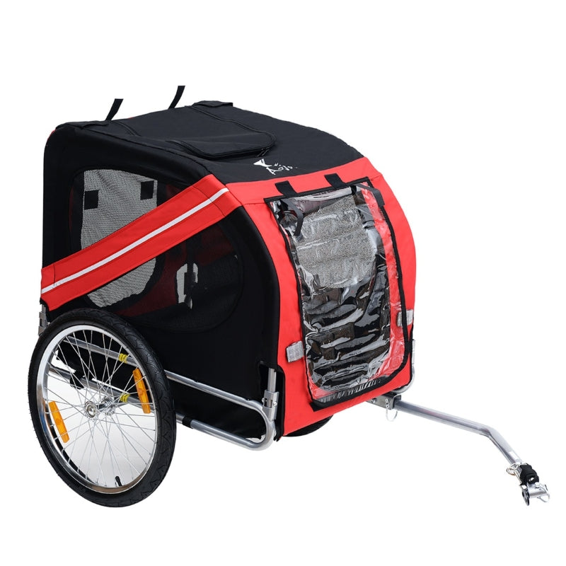 Red and black pet bike trailer on a white background