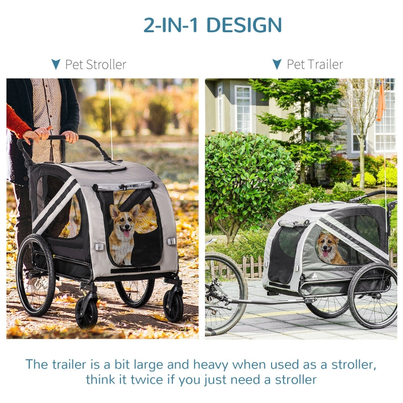 2-in-1 pet stroller and trailer with a dog inside, shown in outdoor settings.